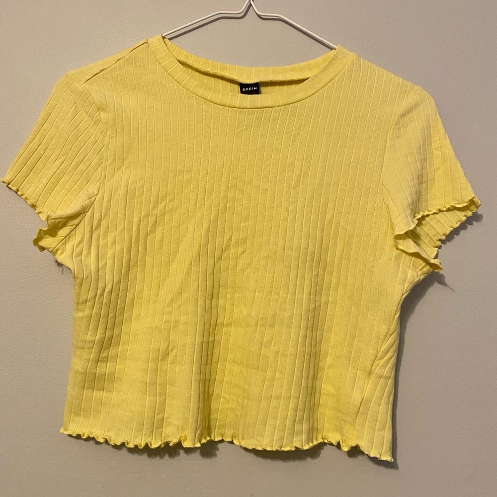 Shein, yellow, ribbed, lettuce trimmed cropped tee